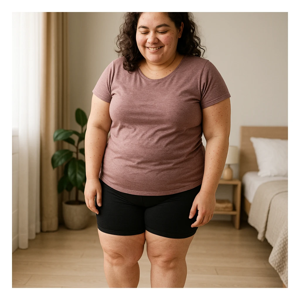 woman with PCOS weighing herself on a digital scale, smiling satisfied, progress atmosphere, realistic details, bathroom or bedroom background sticker