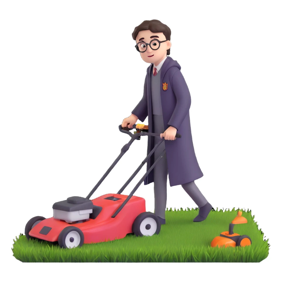 Harry Potter mowing the lawn on the Hogwarts Express train sticker