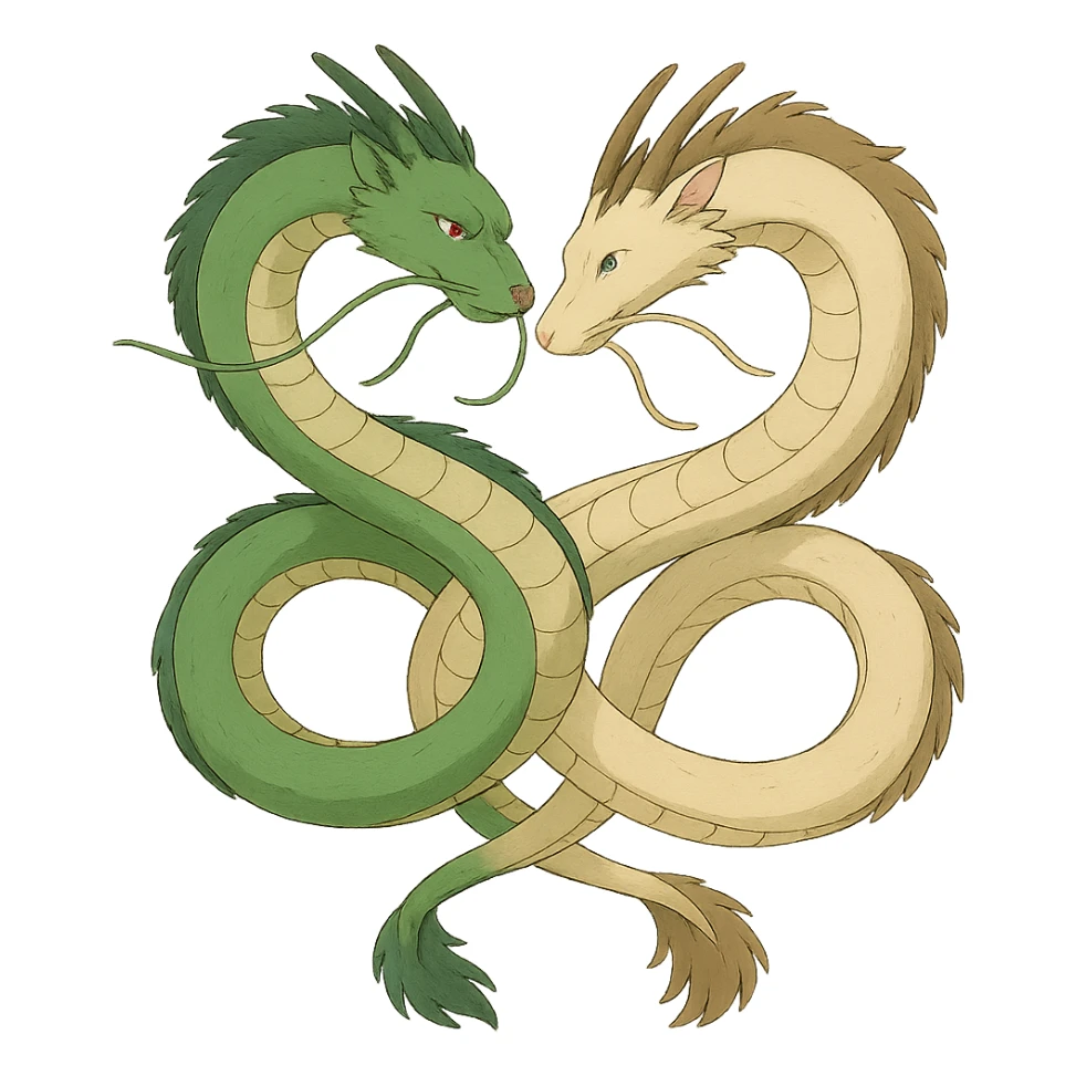 two intertwined serpents ghibli style illustration sticker