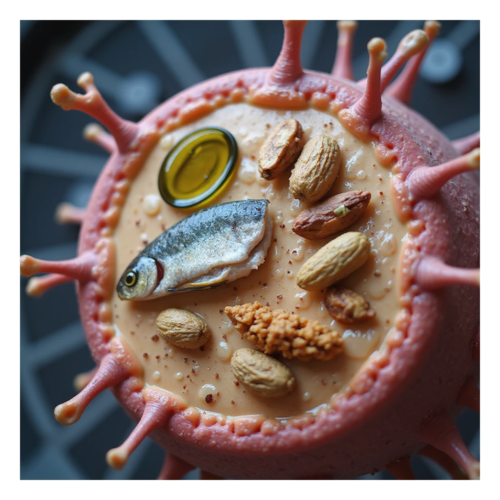 realistic image of human cells with highlighted membranes and sources of good fats (olive oil, fish, nuts) forming a protective barrier around cells, Italian caption 'Grassi: scudo per le membrane cellulari', modern background sticker