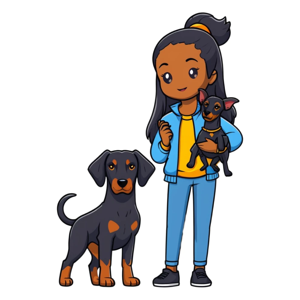 Black girl with long hair holding a Doberman dog sticker