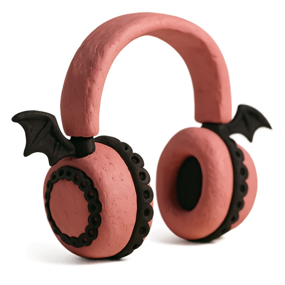 pink gothic headphones with black lace accents and small bat wings in claymation style sticker