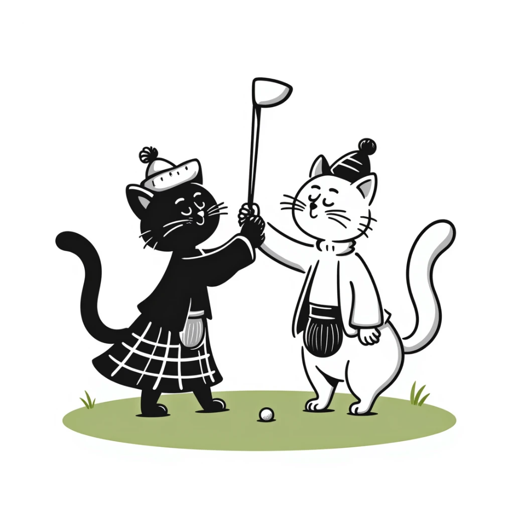 two cats in love playing golf in Scotland sticker