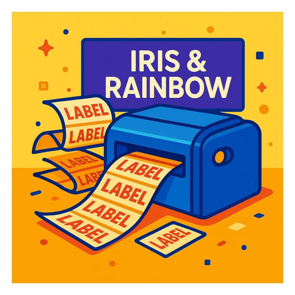 Change the background color behind the 'Iris & Rainbow' logo to purple. Do not add a rainbow to the logo. Keep the rest of the scene the same: a printer printing many labels, vibrant and clear. sticker