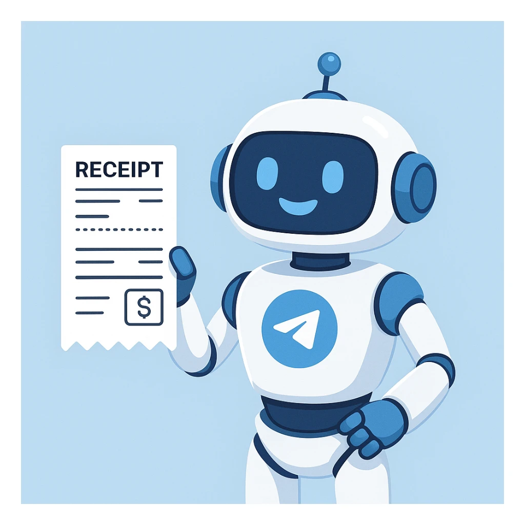 modern and friendly robot with Telegram logo on its body, holding a digital receipt, representing a Telegram bot generating payment checks, clean and professional style sticker