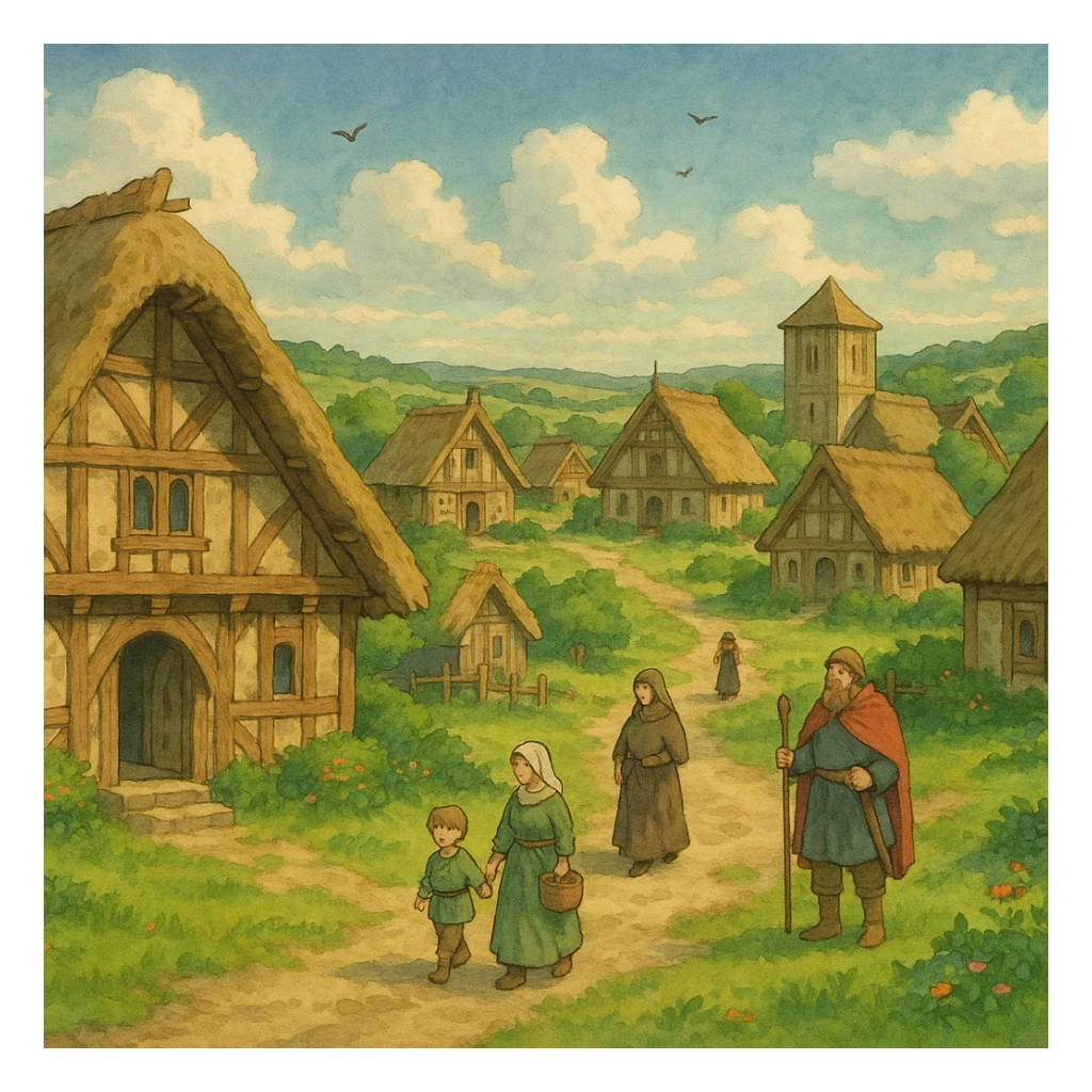 ghibli style Anglo-Saxon village scene, no text sticker