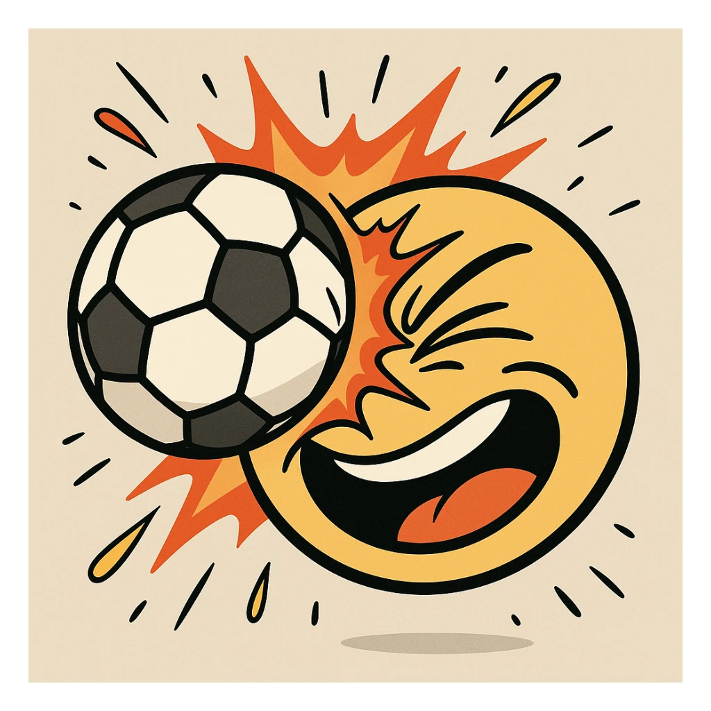 a soccer ball smashing into a smiley face, dynamic impact, expressive, cartoon style, vibrant colors, bold outlines, energetic, playful, fun, animated, lively expression sticker