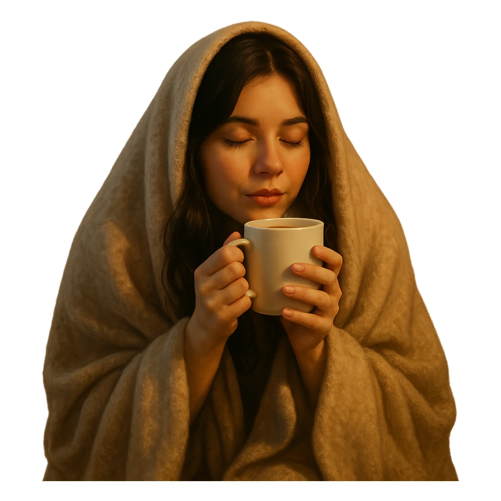 girl brunette inside a blanket sipping coffee, eyes closed, cozy and warm atmosphere, variation 4 sticker