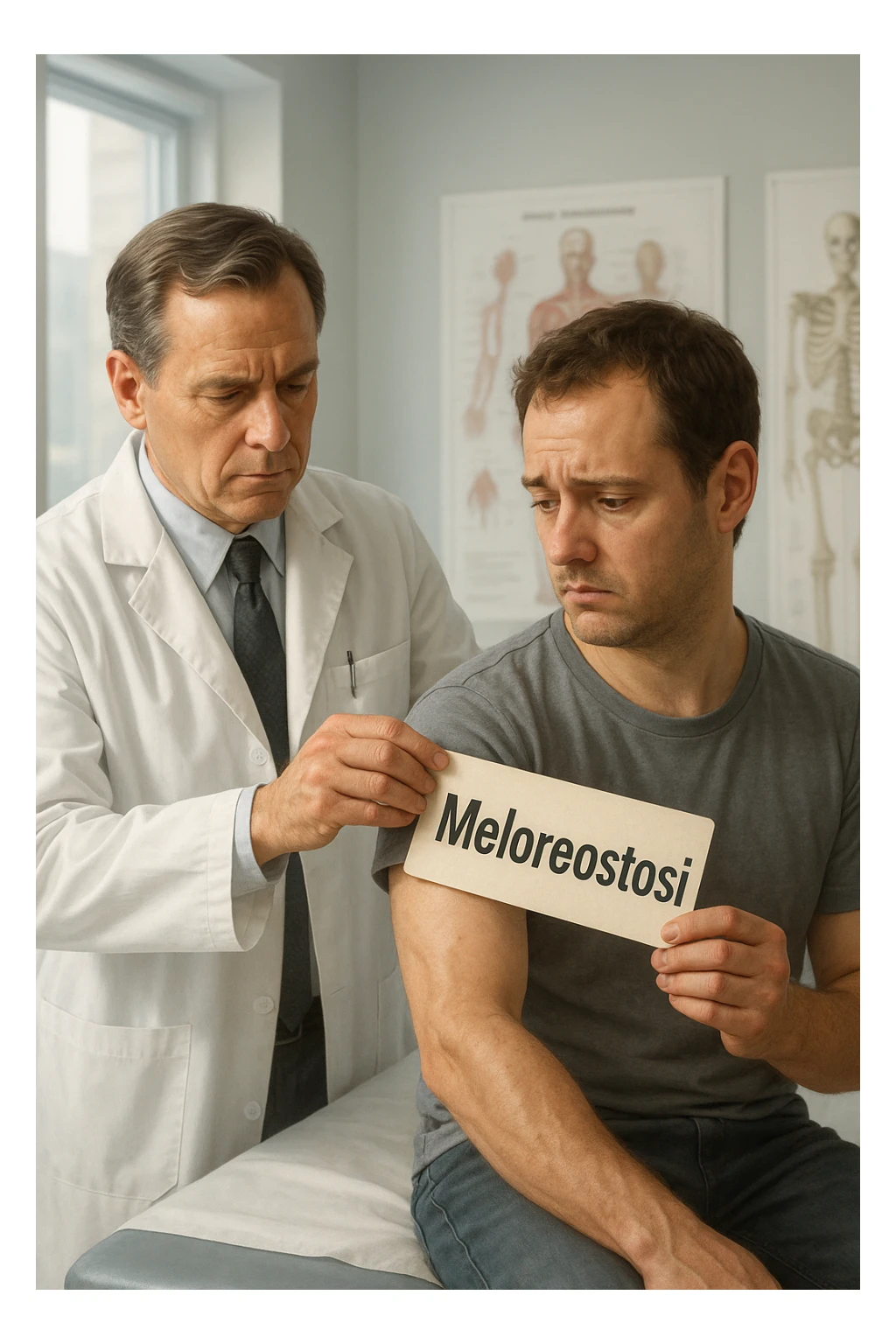A realistic, cinematic illustration set in a bright, modern medical office. A middle-aged doctor in a white lab coat with a serious expression is shown gently placing a large paper label on the shoulder of a male patient sitting on the examination table. The label has the word 'Meloreostosi' written on it, symbolizing the act of labeling the patient with his rare bone condition. The patient looks confused and slightly disheartened, wearing a simple t-shirt with part of his arm exposed, showing subtle signs of bone thickening or deformation associated with melorheostosis. The background includes medical charts and a softly blurred skeleton model, emphasizing the medical setting. The lighting is bright but neutral, conveying a sterile, clinical atmosphere while focusing on the symbolic moment of receiving a diagnosis label. The mood is introspective and slightly heavy, illustrating the emotional weight of being defined by a rare chronic condition sticker