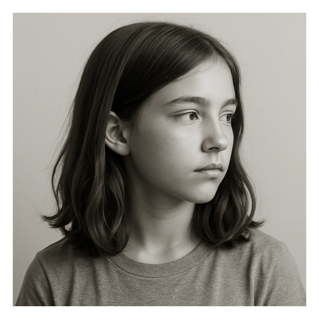 girl with medium length straight wavy hair, looking to the side, minimal background sticker