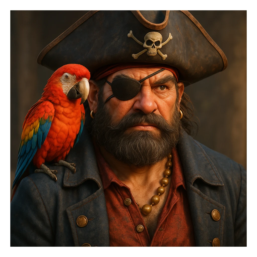 3d illustration of a pirate with eye patch and parrot sticker