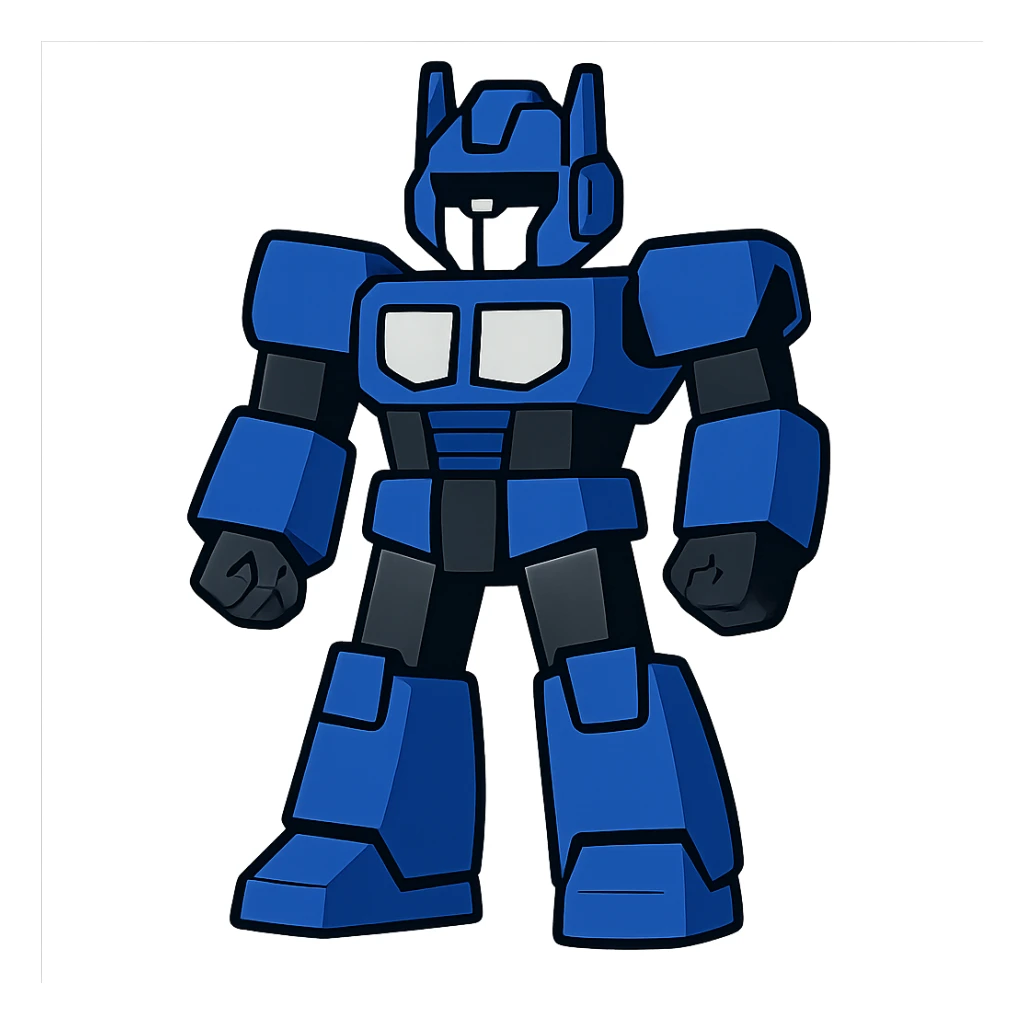flat toon style simple transformer robot in royal blue, black, and silver, animated look sticker