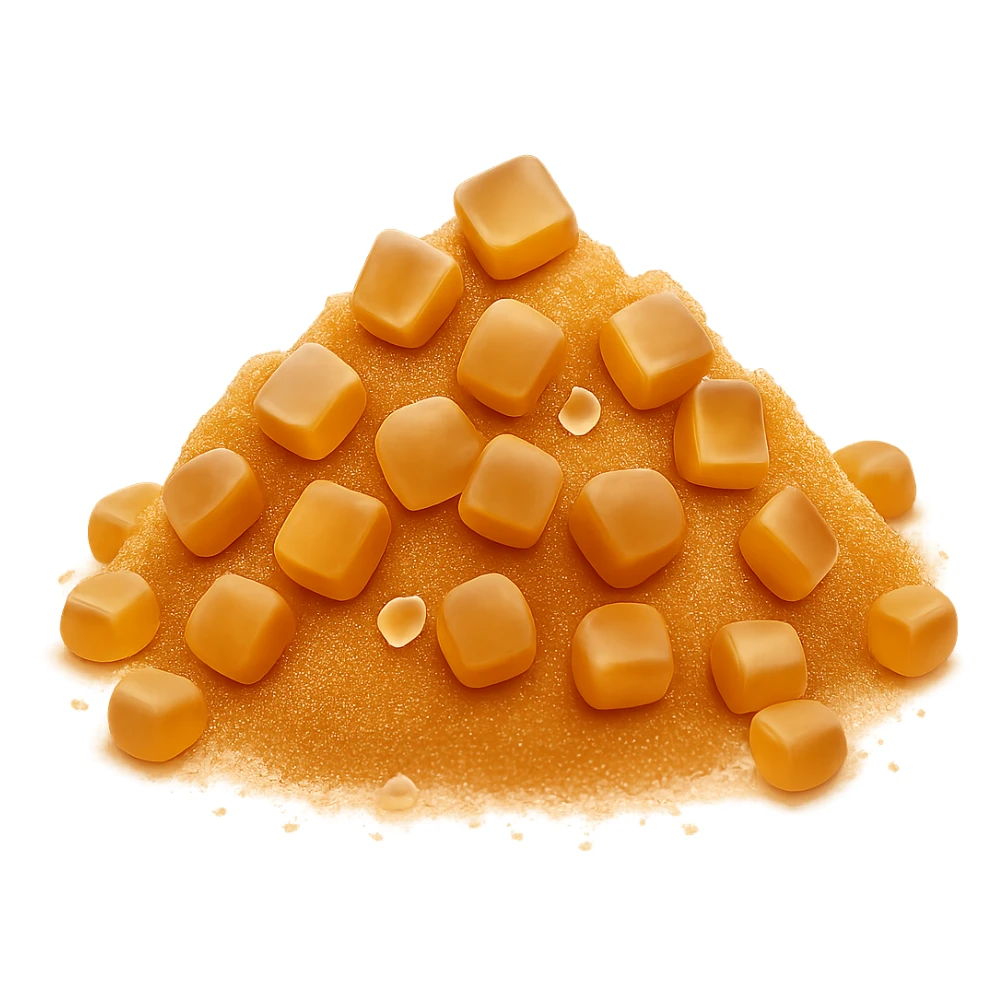 Make the brown sugar texture finer, with smaller, more delicate crystals, while keeping the golden-amber color and natural, dry look. Add more scattered crystals around the base for realism. Maintain the look of Apple emoji style: clean, 3D, soft shadows, no cartoon features, no packaging, no bowl, transparent background, emoji scale. sticker