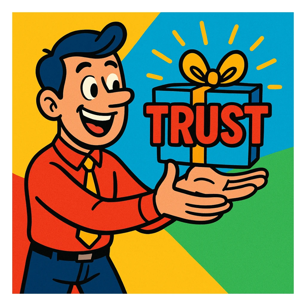 a man presenting the word 'trust' as a gift, vibrant, playful style sticker