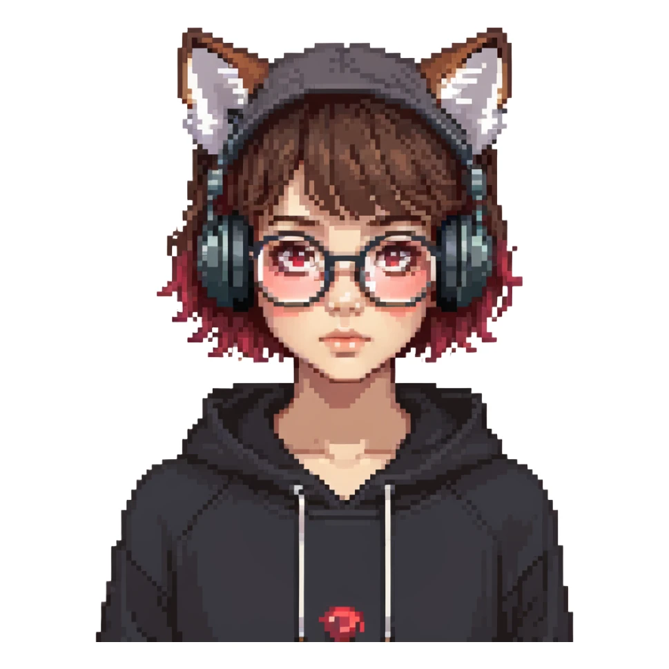 tan brunette girl with a short wolf haircut, round ruby glasses, black headphones, and a black hoodie sticker