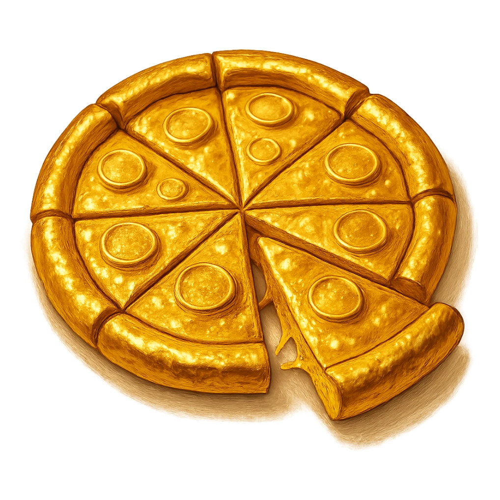 В cлегка рисованной, но при этом объемной и яркой стилистике сгенерируй картинку золотой пиццы, разделенной на кусочки, где один кусок вылезает в сторону. Пицца должна быть не желтой, а реально золотой, прозрачный фон sticker