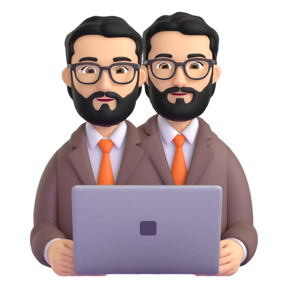 single professional man with medium black beard, neat black hair, connected unibrow, olive tan skin, brown eyes, glasses, prominent nose, wearing clean business casual attire, holding a laptop, centered portrait sticker