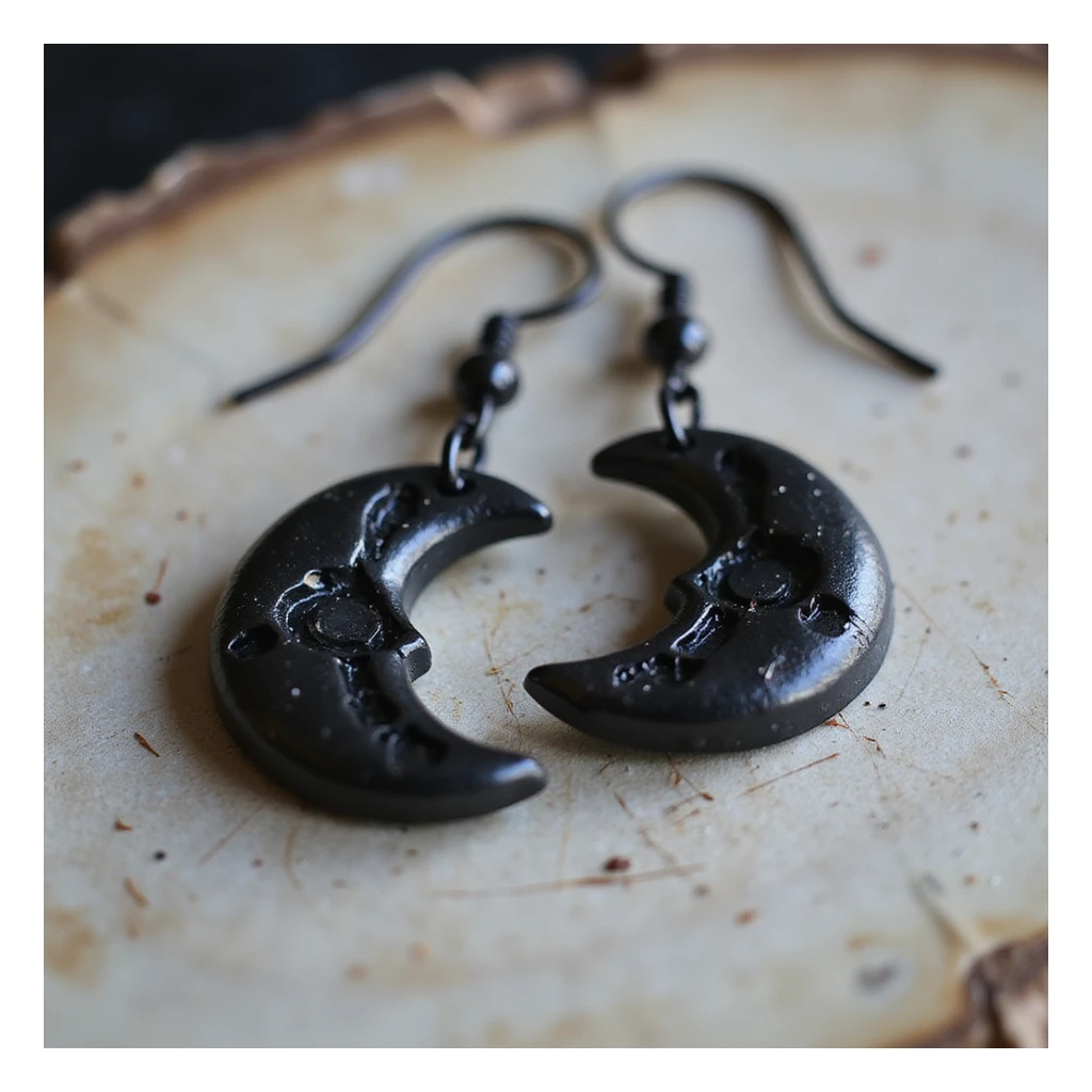 realistic goth earrings, black crescent moon, smooth onyx, celestial gothic sticker