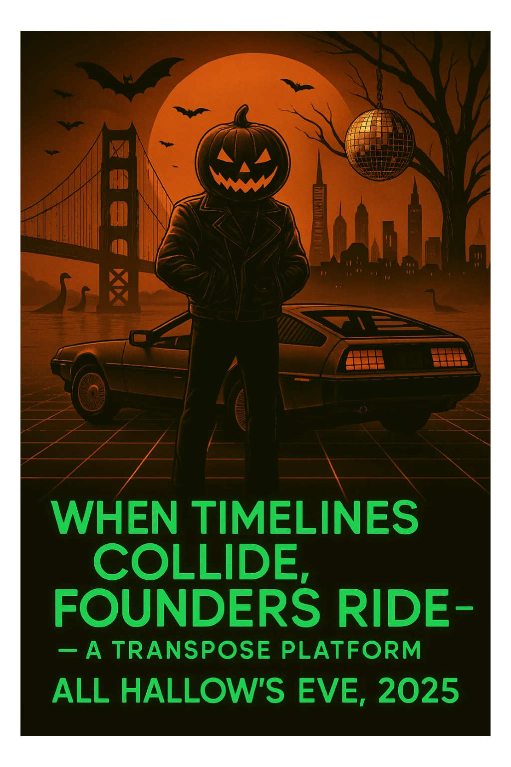 Add the words below the DeLorean, make the words neon retro green, When Timelines collide, Founders ride — a Transpose Platform All Hallows’ Eve, 2025.  sticker