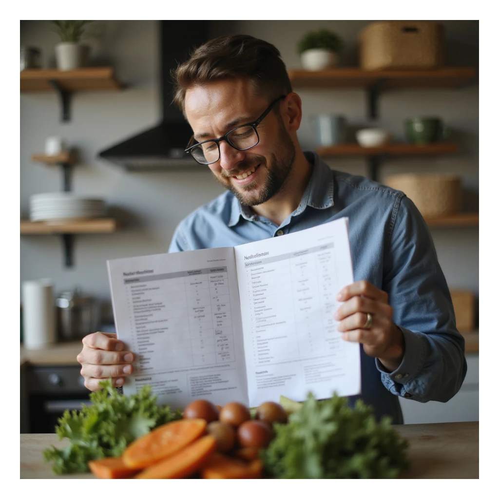 realistic image of a man holding a nutritional plan and checking the meal, home environment, satisfied expression, realistic details, healthy food in foreground sticker