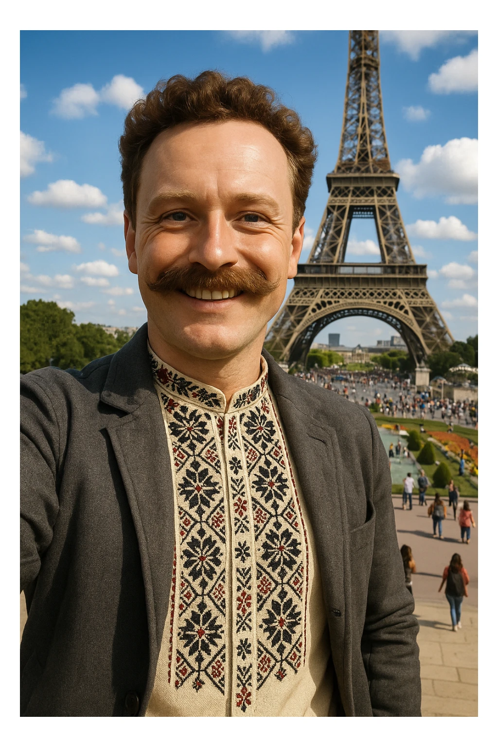 takes a selfie in front of the Eiffel Tower sticker