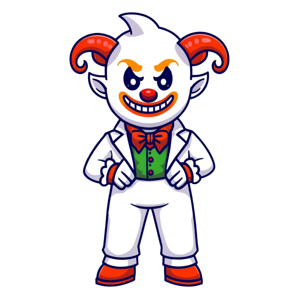 full-body demonic clown in a white leisure suit with bellbottom pants, bald, with black ram horns, flashy belt, ruffled shirt, no neck tie, cartoon sticker style sticker