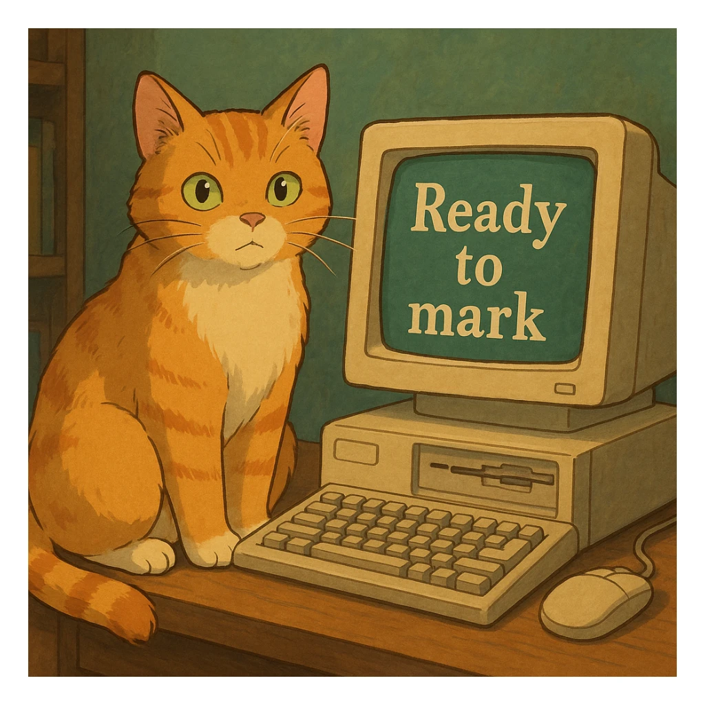 A cat sitting next to a computer with the inscription 'Ready to mark' sticker