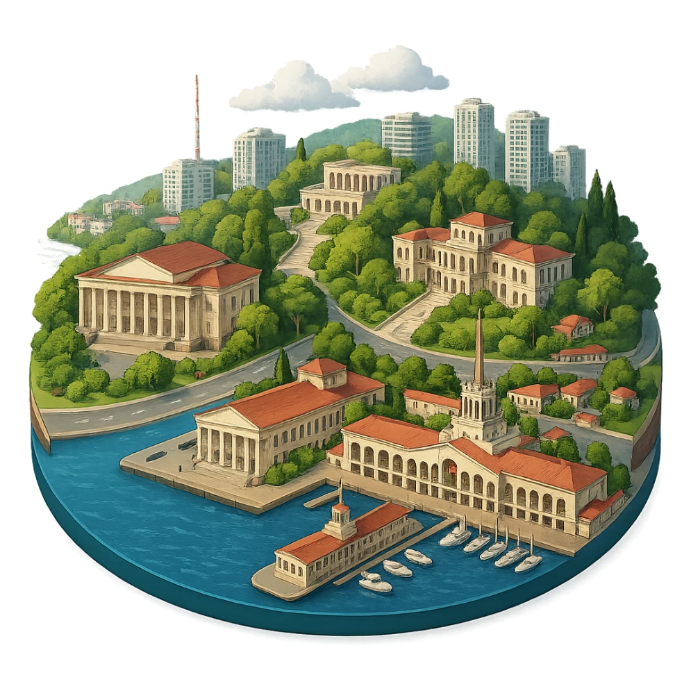 Изометричная, яркая, детализированная и фотореалистичная иллюстрация панорамы города Cочи на круглой подставке в стиле 3D-коллажей городов, ОДНО! здание Морского Порта, ОДИН! Зимний театр, санаторий Орджаникидзе, море чёткие линии, слегка мультяшная стилистика, прозрачный фон, не обрезать края картинки sticker