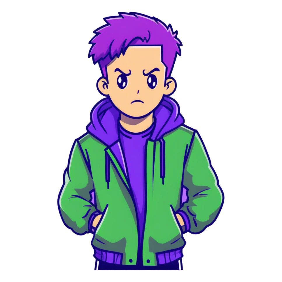 Man with stylish green jacket and purple hair, strong pose, bold expression, modern clothing style sticker