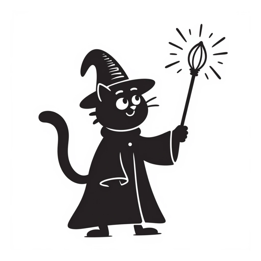 A cat wizard casting a spell with magical staff and flowing robes sticker