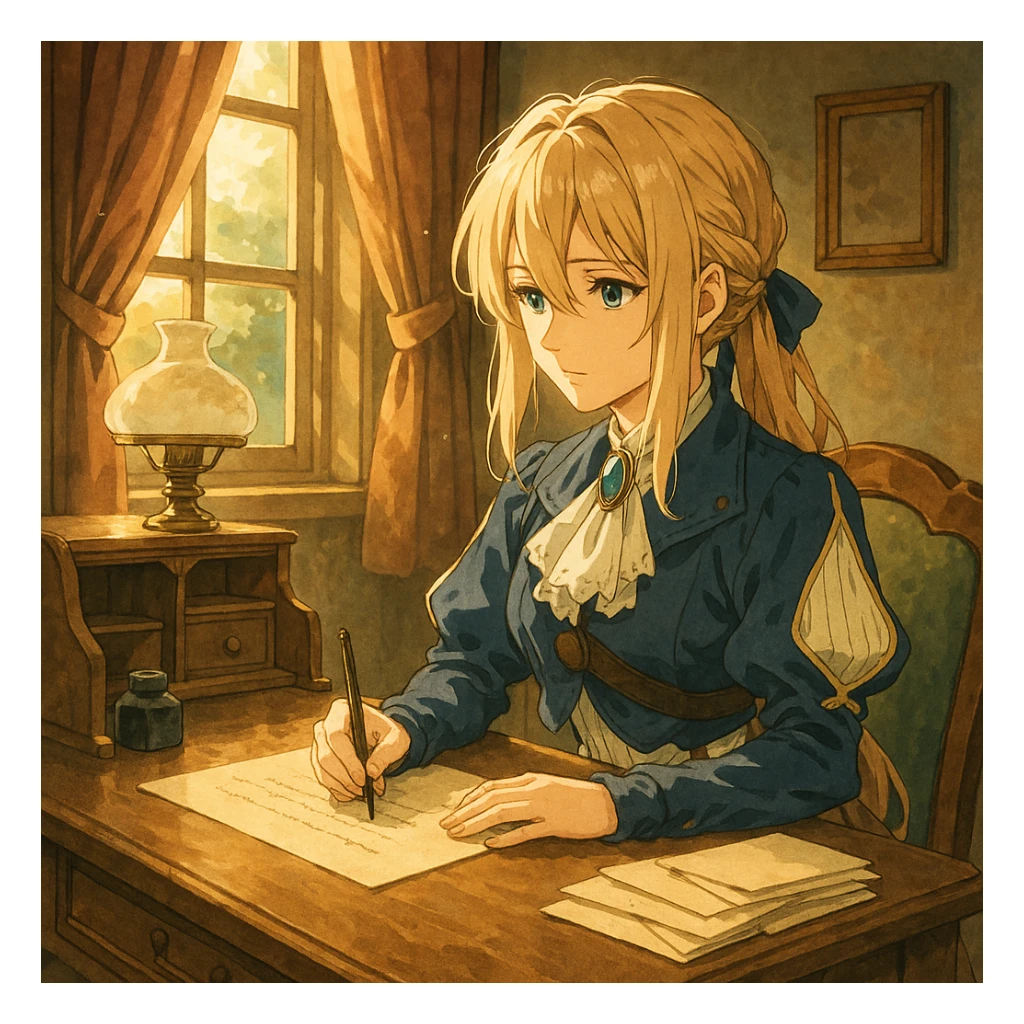 Violet Evergarden, writing a letter at a vintage desk, sunlight streaming in, detailed anime style sticker