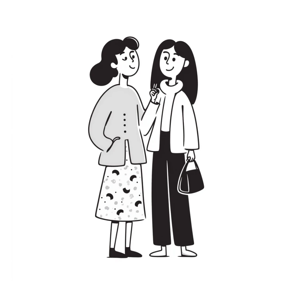 two women standing together, hand drawn illustration, simple sticker