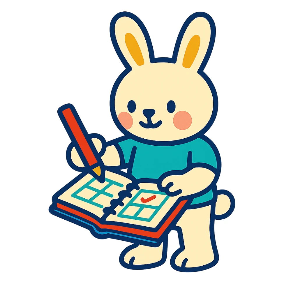 cream bunny writing in planner, standing, vibrant-toon style sticker
