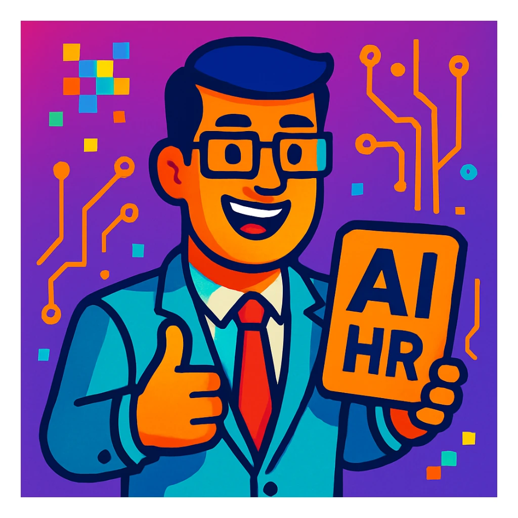 moderner, freundlicher männlicher KI-Charakter mit digitalen Elementen wie Pixel und Schaltkreise, aus dem HR-Bereich, der Mut macht, im farbenfrohen Vibrant Toon Stil sticker