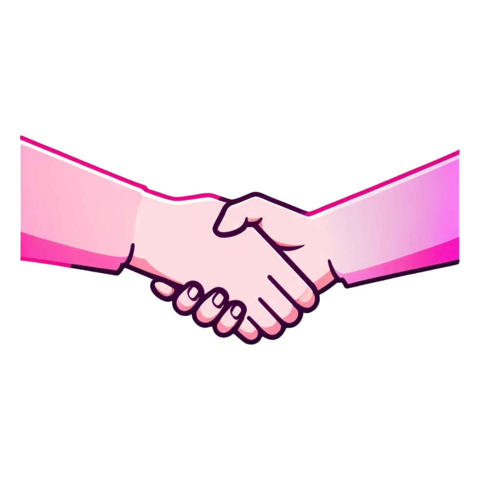 handshake, transparent glass with bright pink gradient from #FF335F to #FF99AA, soft glow and shadows, minimalistic sticker