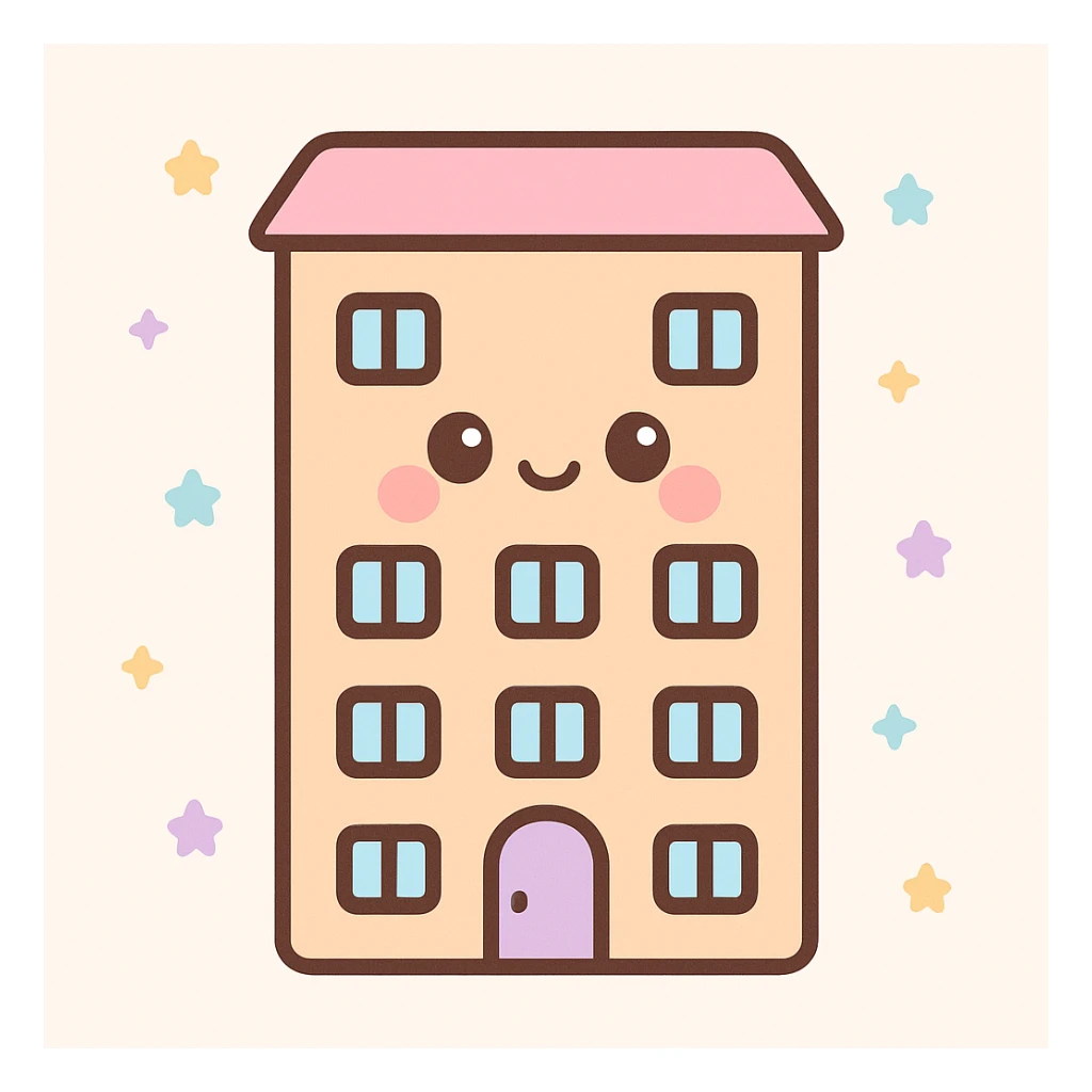 apartment building, kawaii chibi anime style, flat pastel colors, thick outlines, simple cute features sticker