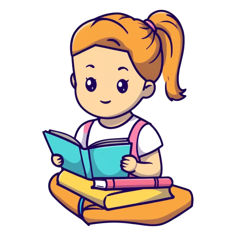 Cute girl with ponytail reading from an open notebook sticker