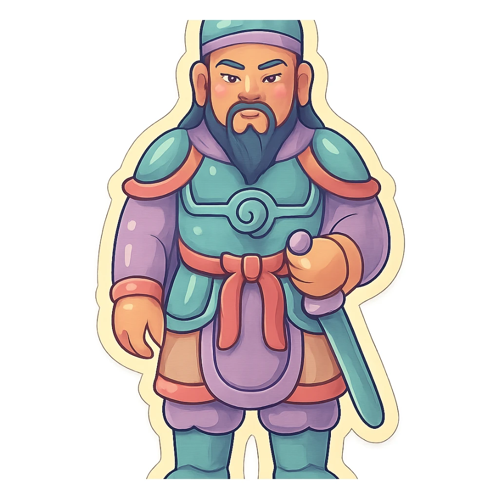 full-length leftmost general from feng shui triad symbols, standing straight facing front like first reference, not squished, retro sticker style, high detail, pronounced shadows and highlights, clean lines, soft rounded shapes, pastel palette #98B5BC, #B5B3C1, #C9A3C9, #E4C0CA, #F7DCD1, #F7C0AA, transparent background sticker