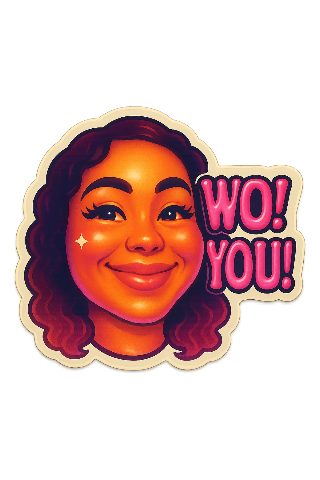 excited smile with mouth closed 
add the words W You! in pink sticker