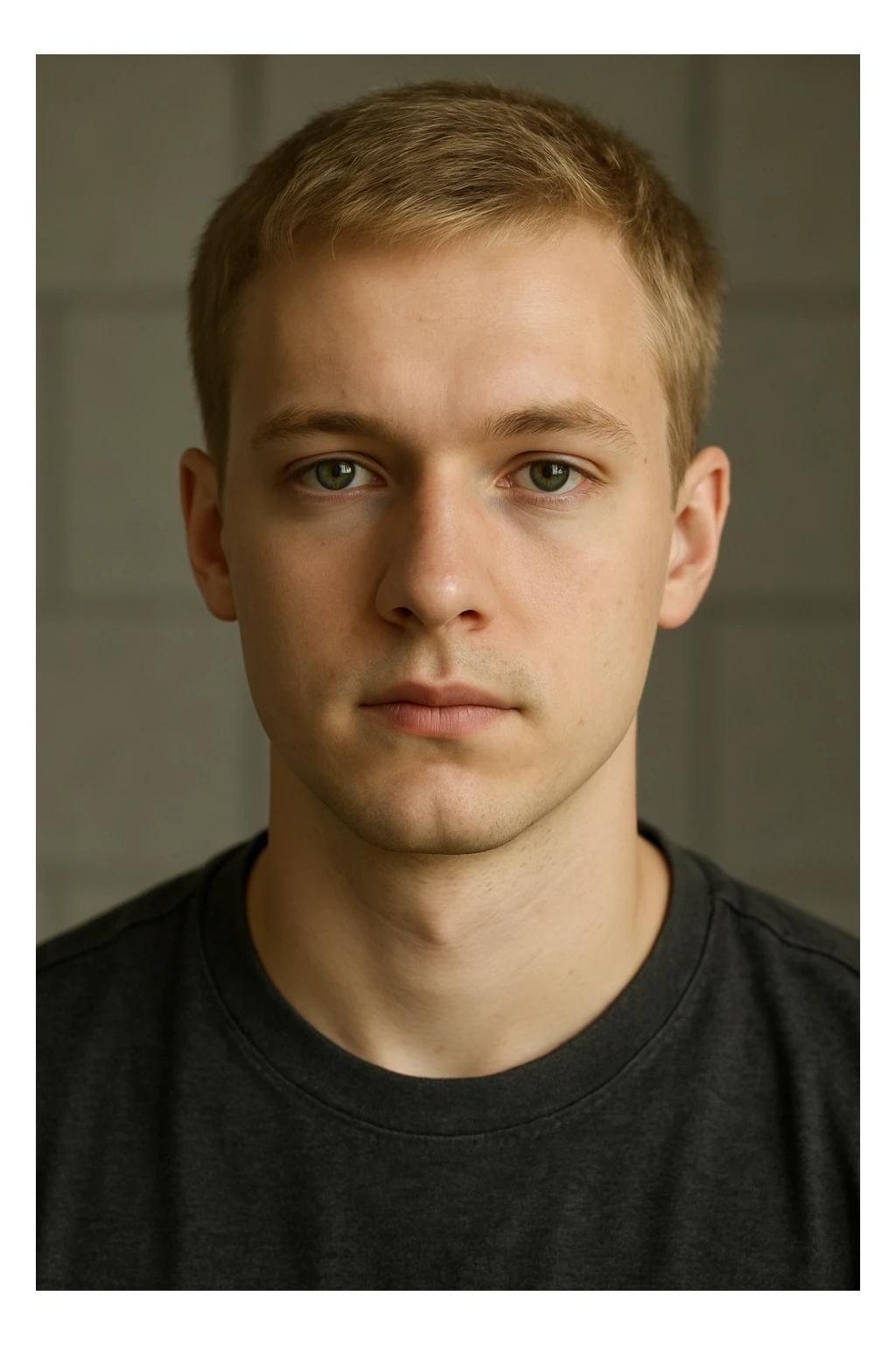 young man with short blond hair and green eyes, neutral expression sticker