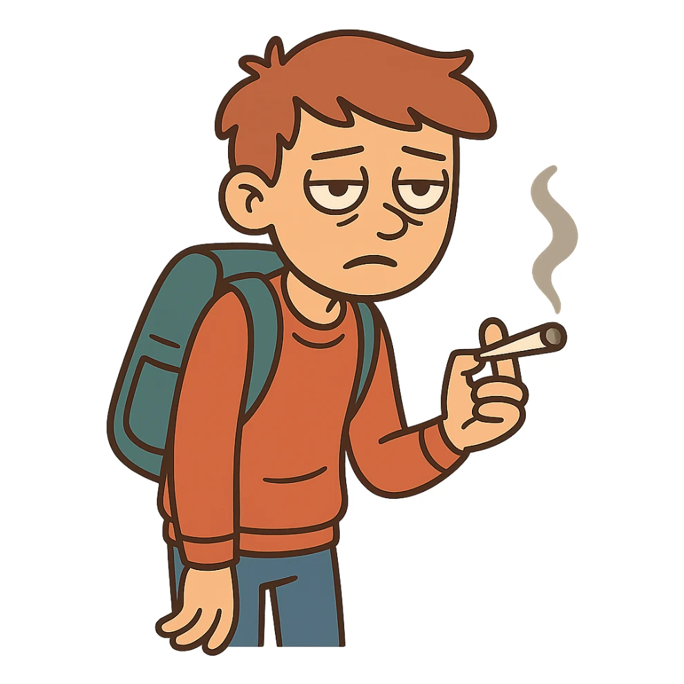 flat toon style of a student with a backpack, tired expression, and a joint, no background sticker