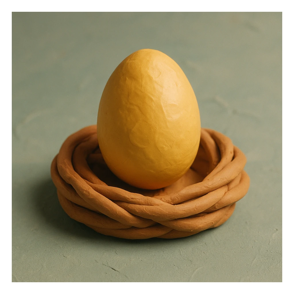 A golden egg in claymation style with a matte, plasticine texture, visible fingerprints, and pastel colors, sitting on a nest. sticker