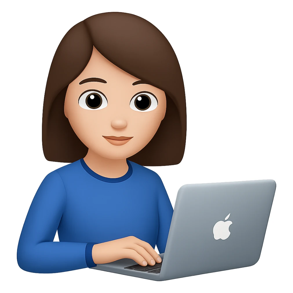 Change hair to brown, right hand forward to the front, keep blue clothes, hand on laptop. The style should resemble emoji style with no background. sticker
