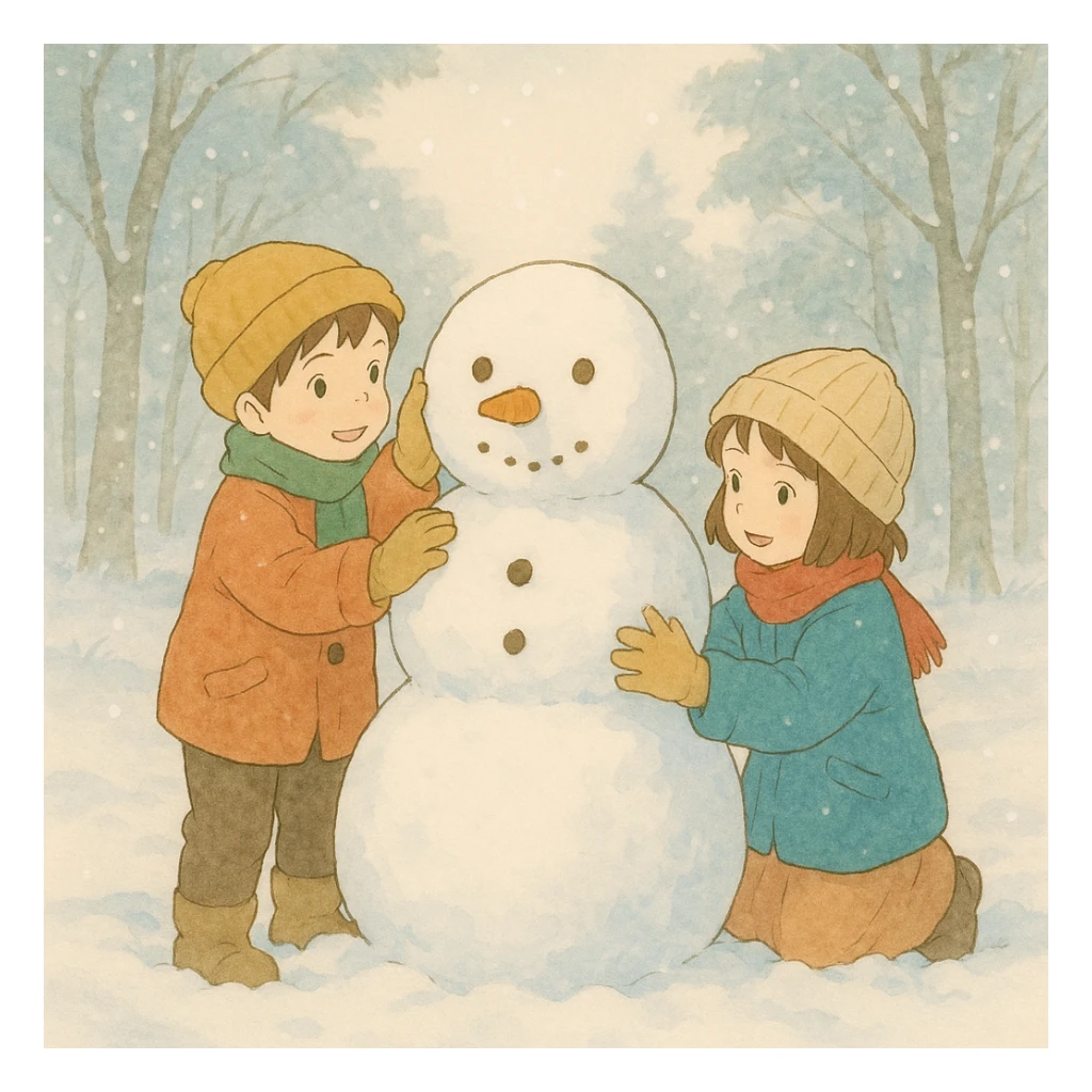 ghibli style kids building a snowman, soft colors, gentle winter scene sticker