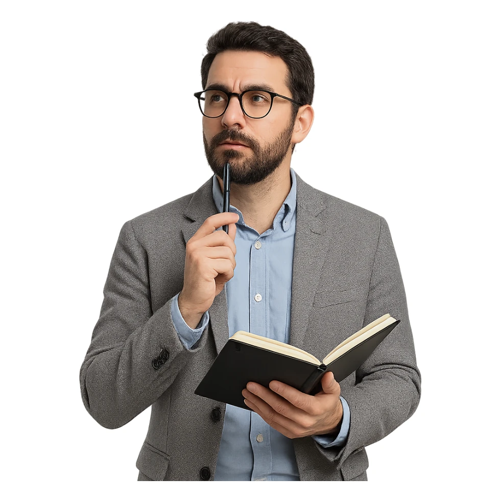Mediterranean man, sociologist, with a beard and glasses, dressed in semi-formal clothes, holding a pen and notebook, thoughtful pose sticker