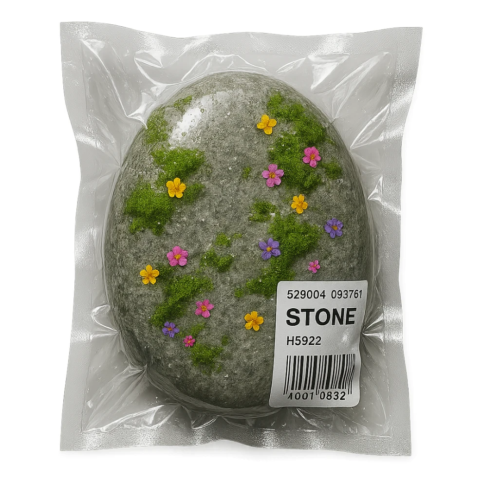 smooth light gray stone with patches of moss and scattered small colorful flowers, glossy sticker