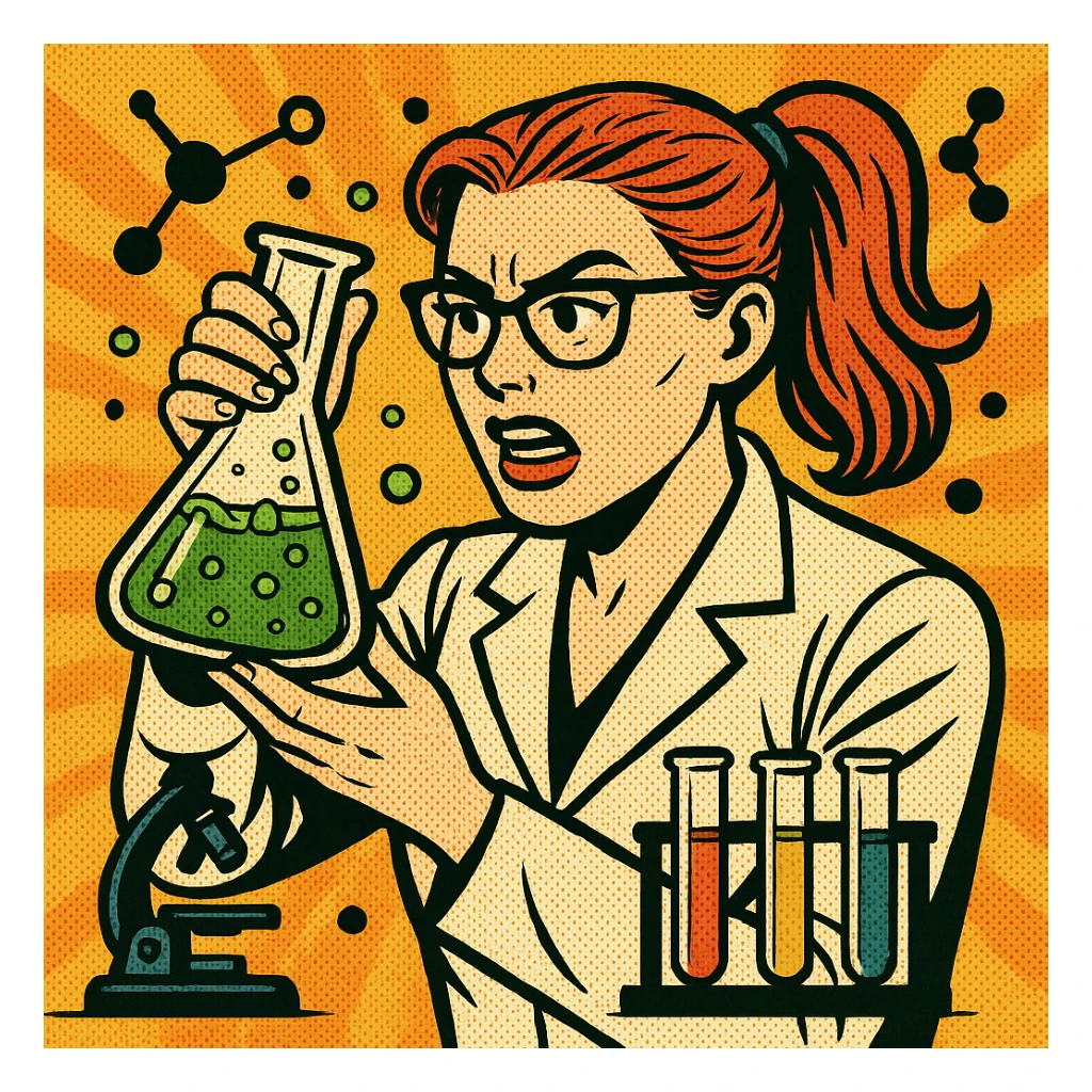 Add chemical accessories such as test tubes, flasks, a microscope, and molecules around the red-haired chemistry professor in a comic book style. sticker