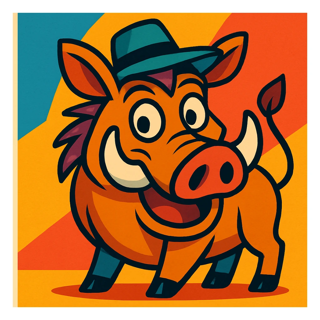 warthog wearing a hat, vibrant cartoon style sticker