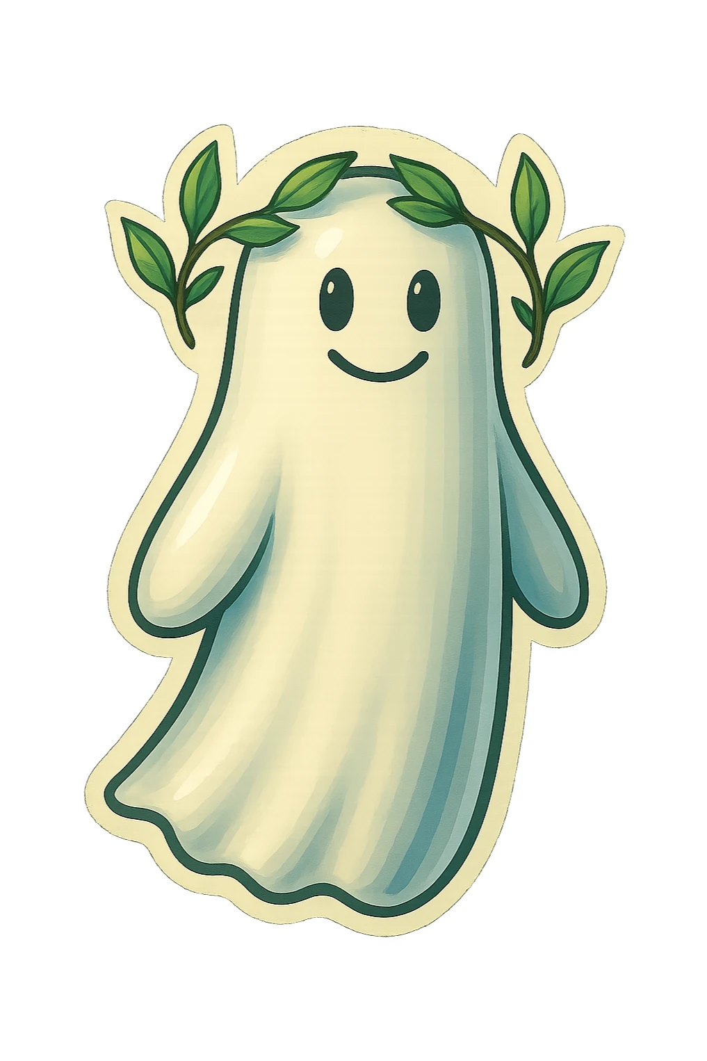 Make the leafy wreath on the ghost's head more sparse, with fewer leaves spaced out along the crown. Keep the ghost and background unchanged, and match the illustration style and colors. The wreath should look delicate and not too dense. Maintain the original illustration style and colors as seen in the reference image. sticker