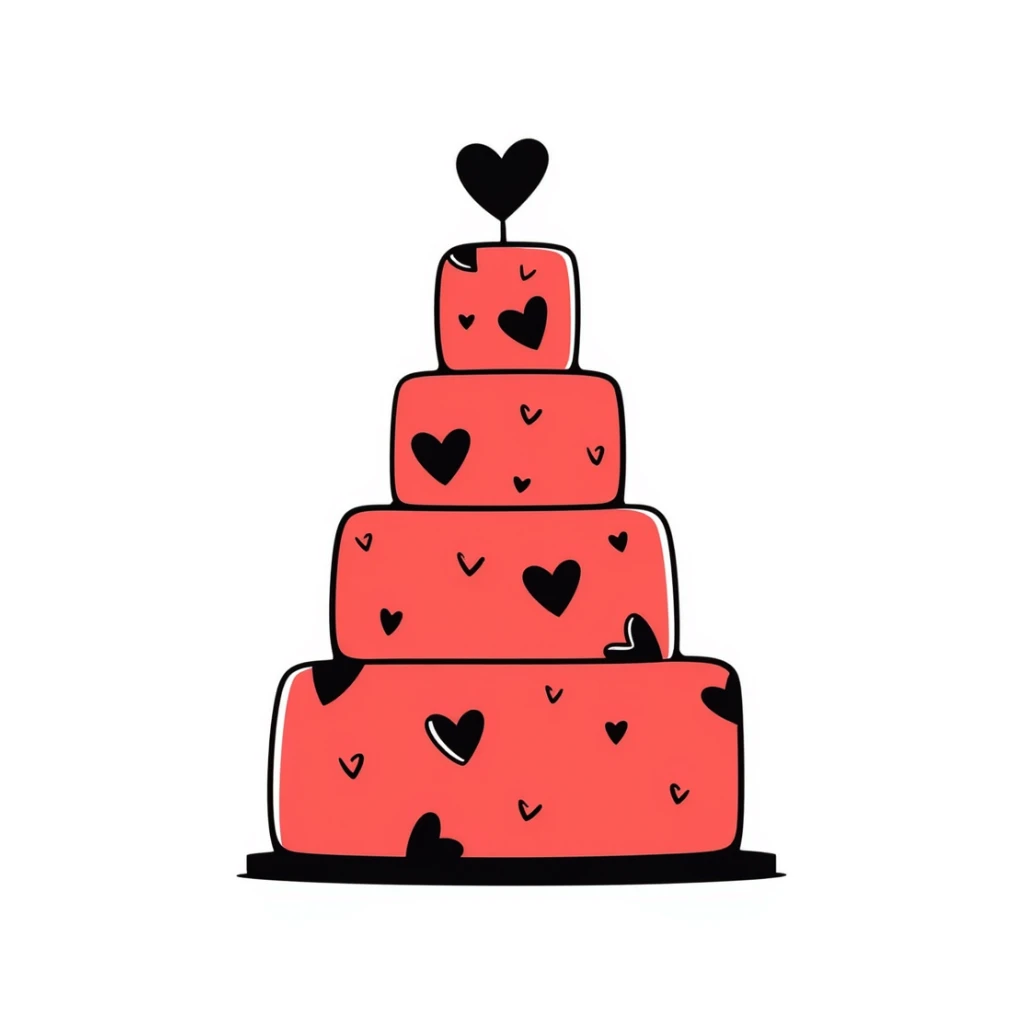 Hand-drawn red wedding cake with decorative layers and small heart details sticker
